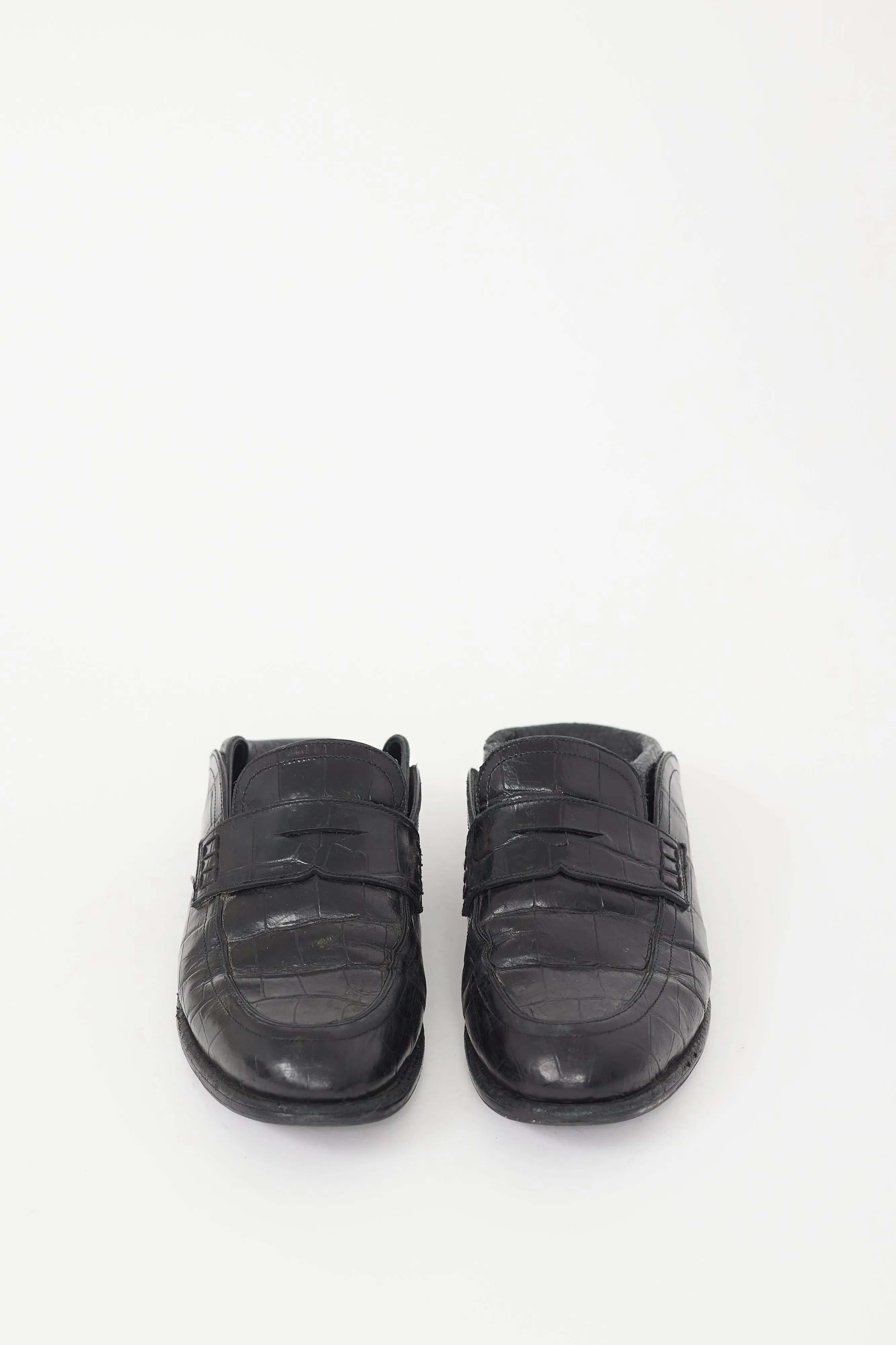Black Leather Embossed Fold Over Loafer