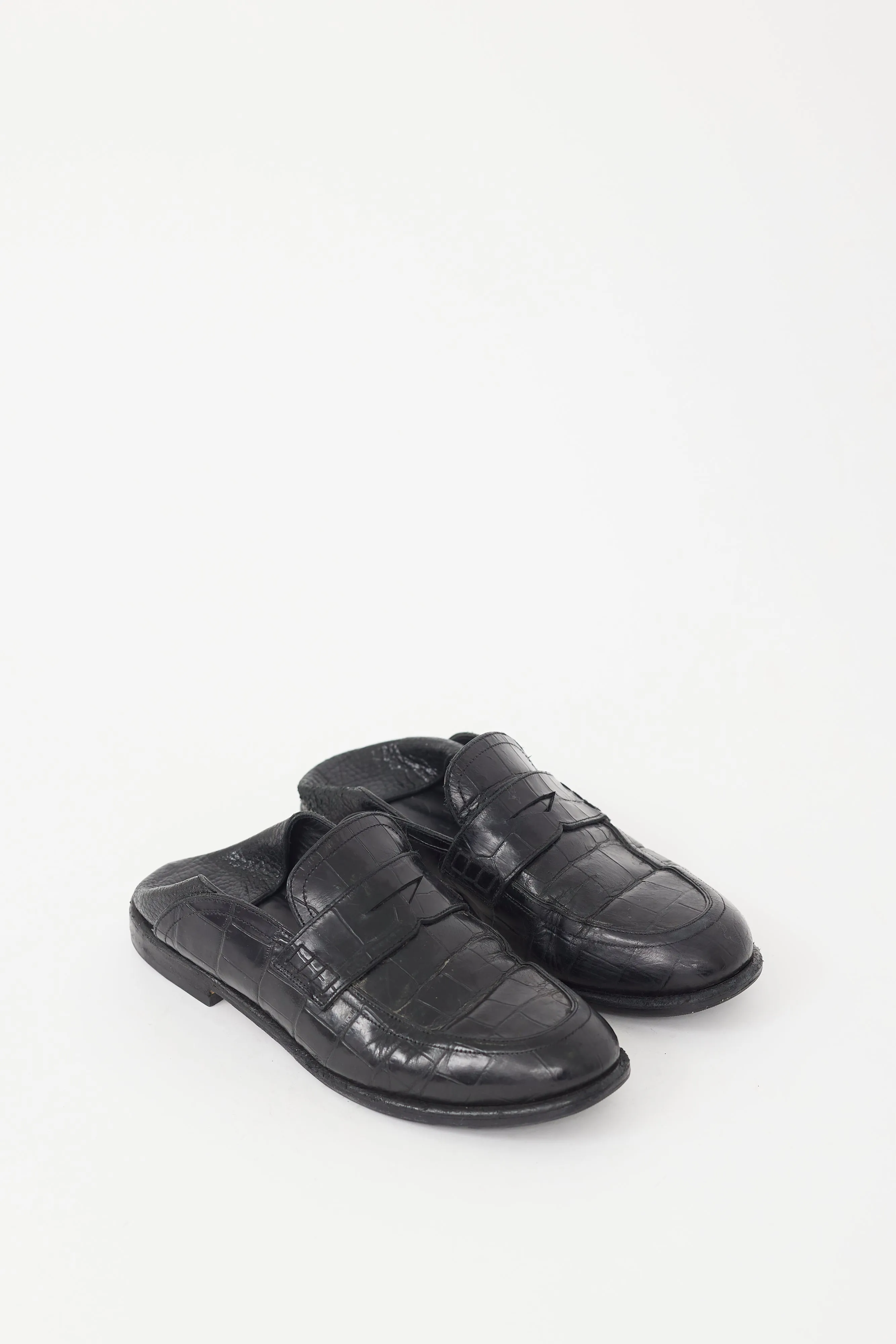 Black Leather Embossed Fold Over Loafer