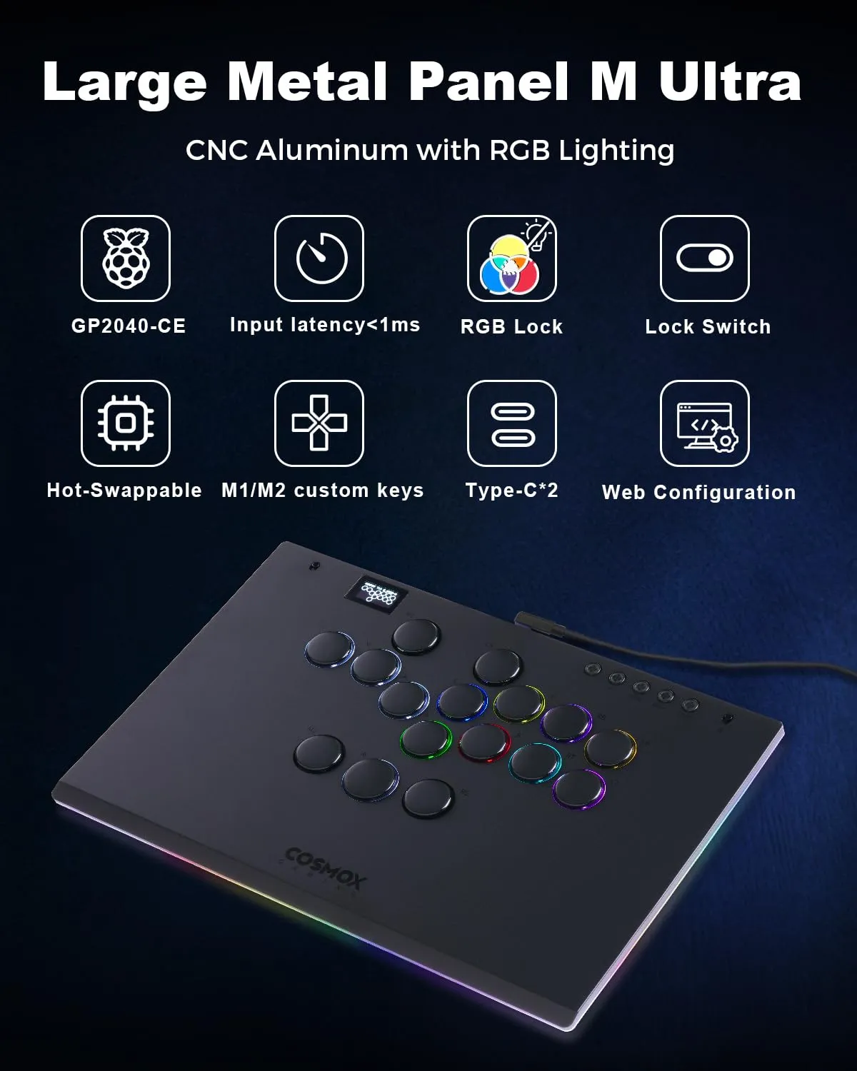 Haute42 Leverless Controller Arcade Stick: Aluminum Leverless Arcade Stick M Ultra with Lock Button & RGB Lighting, Arcade Controller Street Fight for PC/PS3/PS4/Switch Game,Low-Profile Switch Arcade Stick Support Hot Swap & SOCD