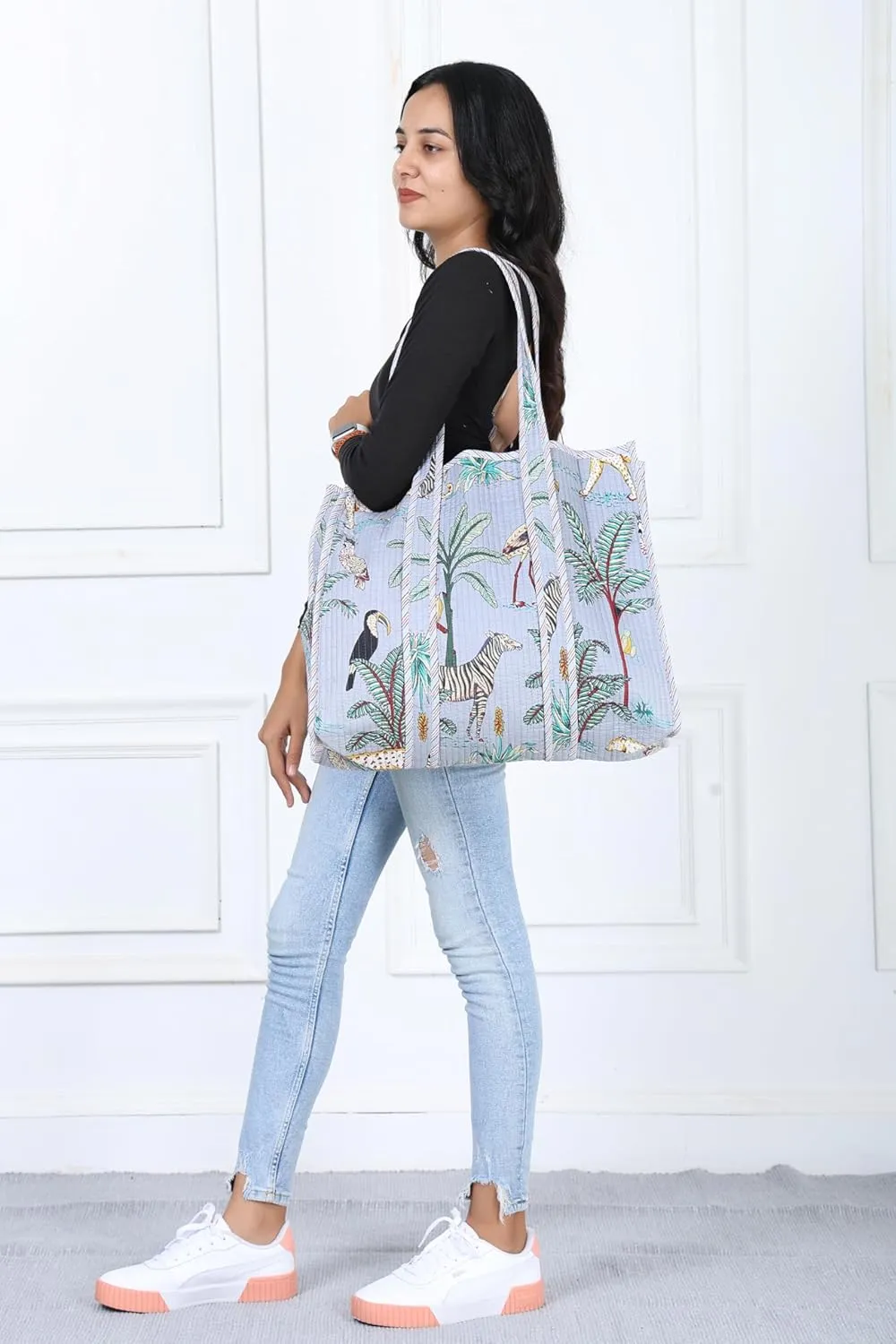KLAVATE Women Handblock Lightweight Travel Bag Purse Cotton Shoulder Tote Bag For Shopping Grocery & Beach Bag Gift For Her