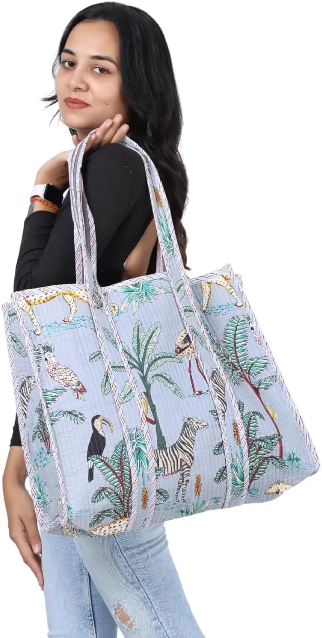 KLAVATE Women Handblock Lightweight Travel Bag Purse Cotton Shoulder Tote Bag For Shopping Grocery & Beach Bag Gift For Her
