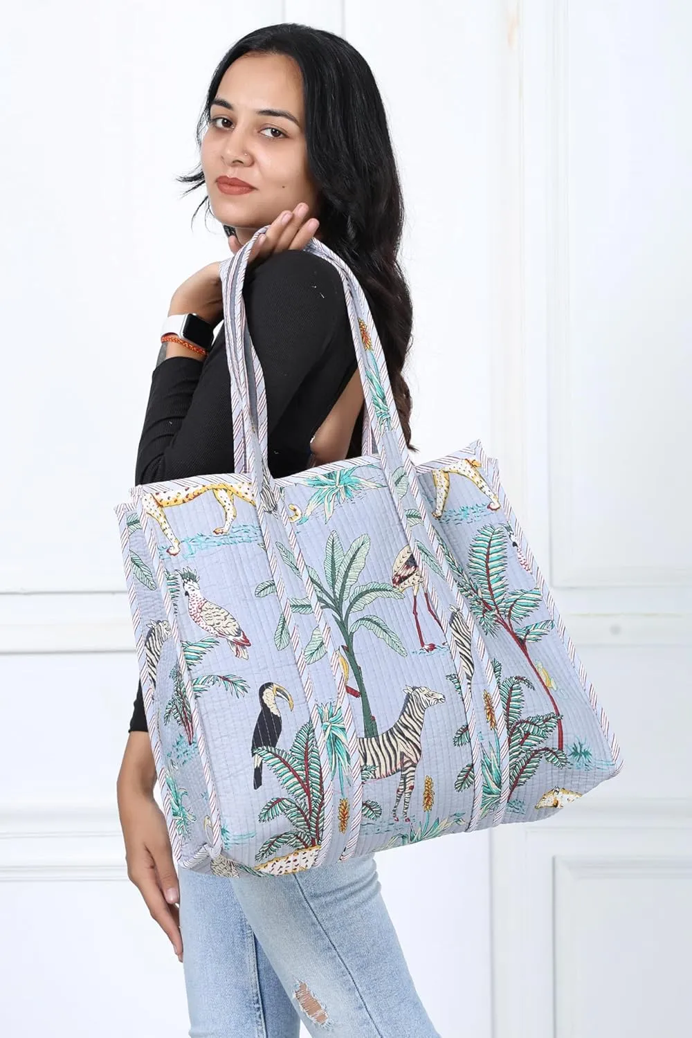 KLAVATE Women Handblock Lightweight Travel Bag Purse Cotton Shoulder Tote Bag For Shopping Grocery & Beach Bag Gift For Her