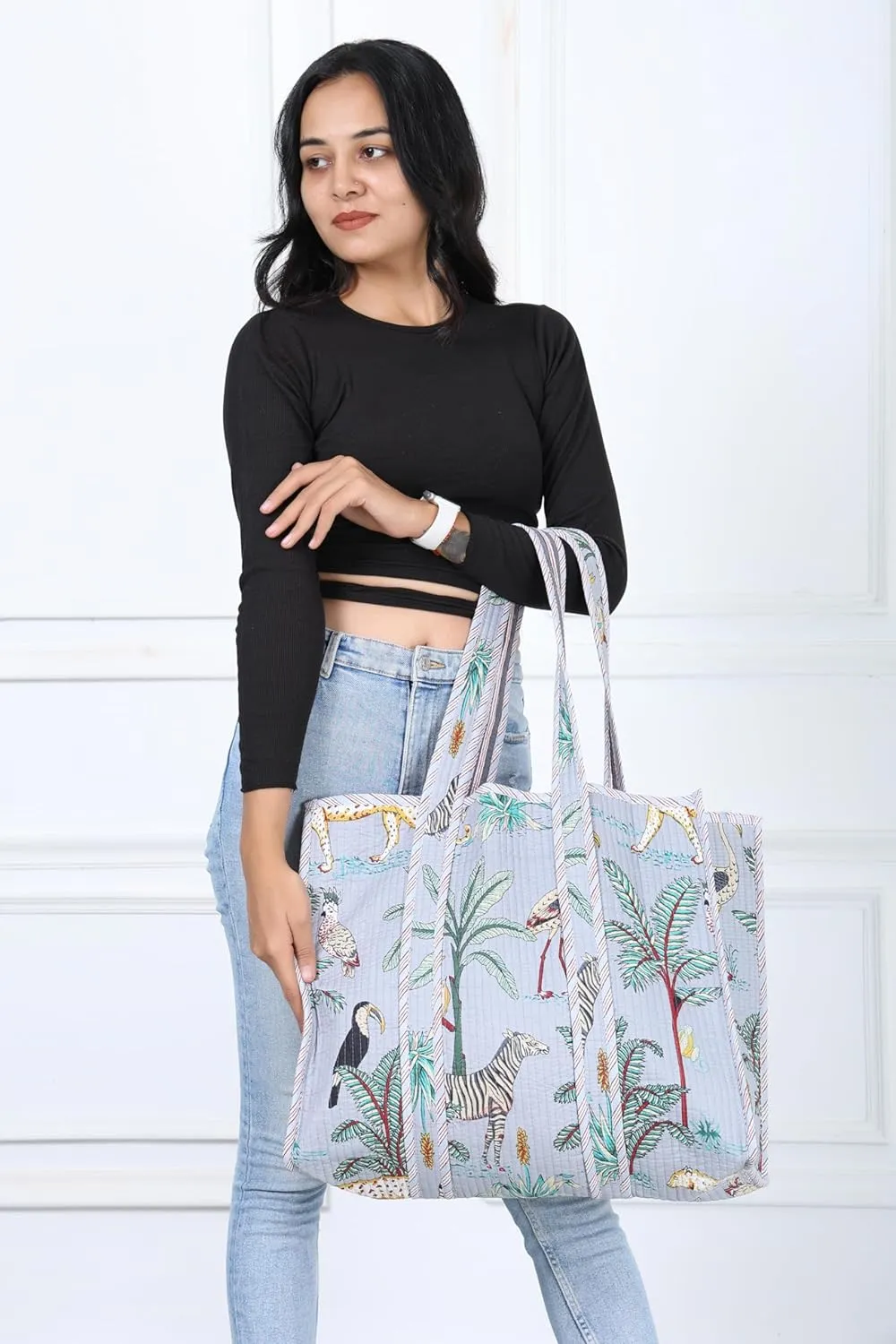 KLAVATE Women Handblock Lightweight Travel Bag Purse Cotton Shoulder Tote Bag For Shopping Grocery & Beach Bag Gift For Her