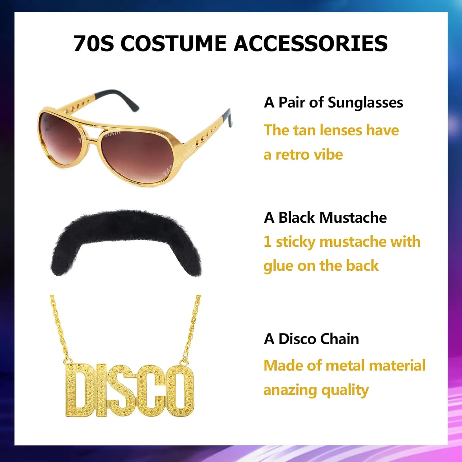 Mens Afro Wigs for 70s Rocker Disco Party 5pcs Set (Wig  Glasses  Disco Necklace  Mustache  Wig Cap) Afro Puff Wigs for 70s 80s Halloween Costume Cosplay Party Use (Black)