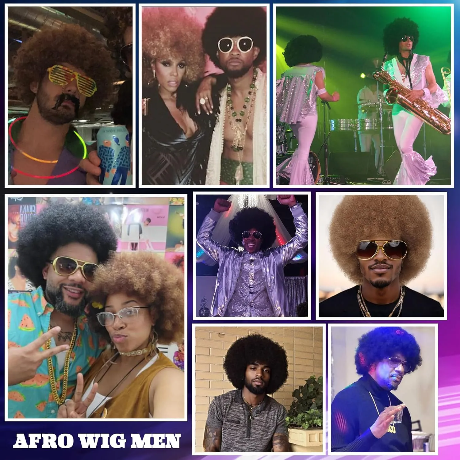 Mens Afro Wigs for 70s Rocker Disco Party 5pcs Set (Wig  Glasses  Disco Necklace  Mustache  Wig Cap) Afro Puff Wigs for 70s 80s Halloween Costume Cosplay Party Use (Black)