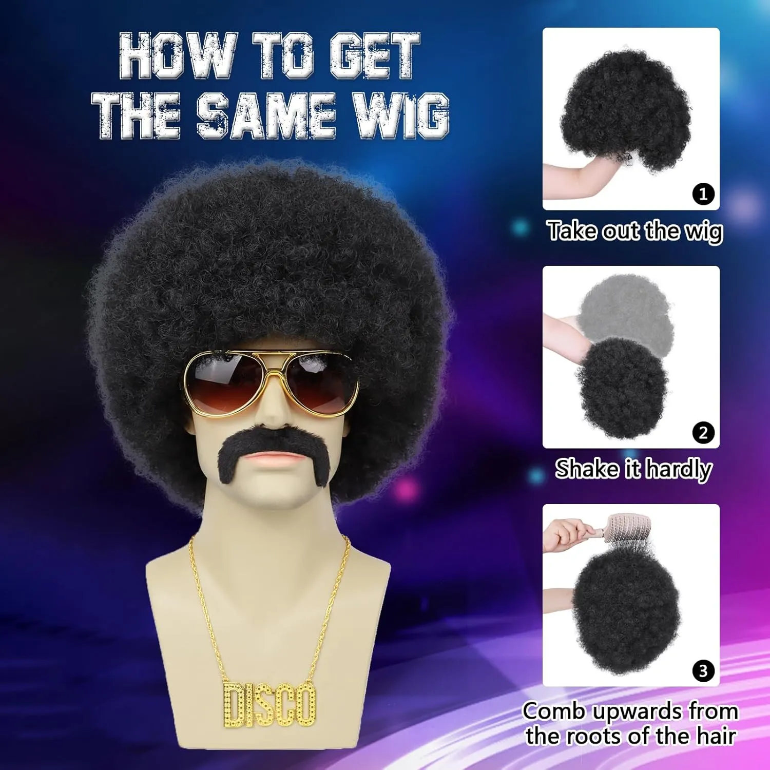 Mens Afro Wigs for 70s Rocker Disco Party 5pcs Set (Wig  Glasses  Disco Necklace  Mustache  Wig Cap) Afro Puff Wigs for 70s 80s Halloween Costume Cosplay Party Use (Black)