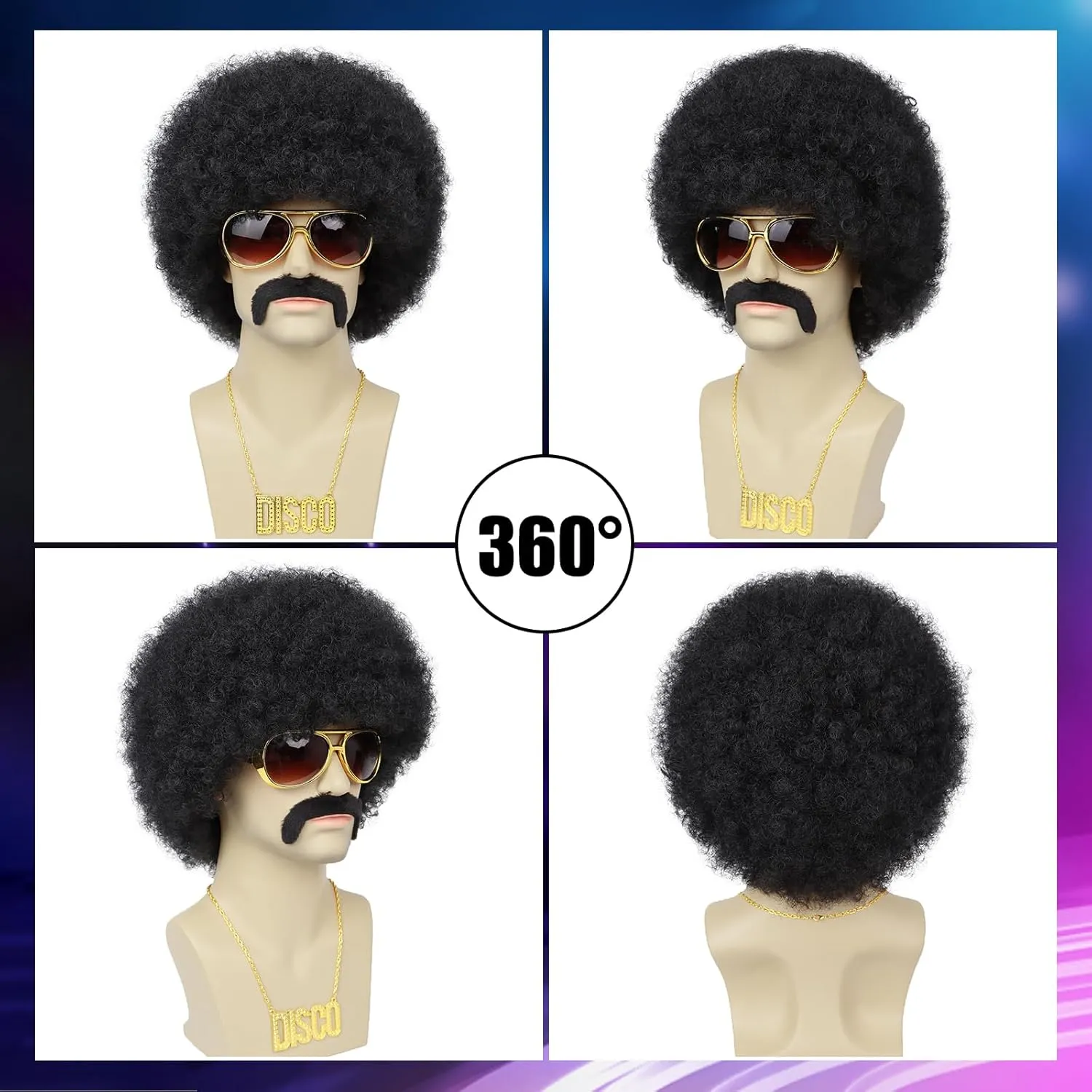 Mens Afro Wigs for 70s Rocker Disco Party 5pcs Set (Wig  Glasses  Disco Necklace  Mustache  Wig Cap) Afro Puff Wigs for 70s 80s Halloween Costume Cosplay Party Use (Black)