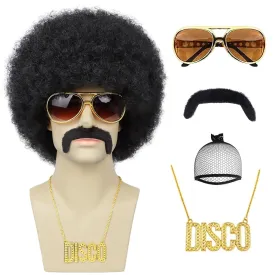 Mens Afro Wigs for 70s Rocker Disco Party 5pcs Set (Wig  Glasses  Disco Necklace  Mustache  Wig Cap) Afro Puff Wigs for 70s 80s Halloween Costume Cosplay Party Use (Black)