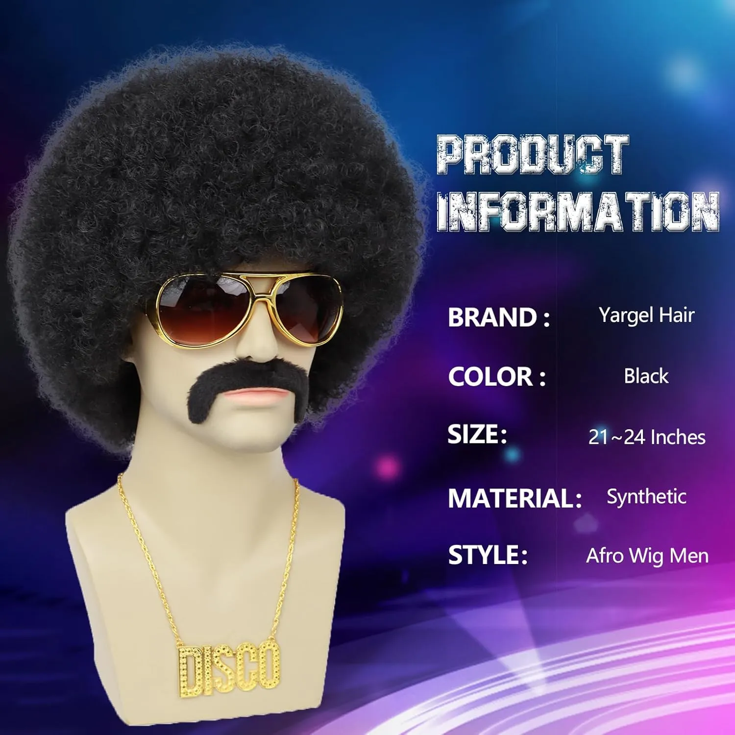 Mens Afro Wigs for 70s Rocker Disco Party 5pcs Set (Wig  Glasses  Disco Necklace  Mustache  Wig Cap) Afro Puff Wigs for 70s 80s Halloween Costume Cosplay Party Use (Black)
