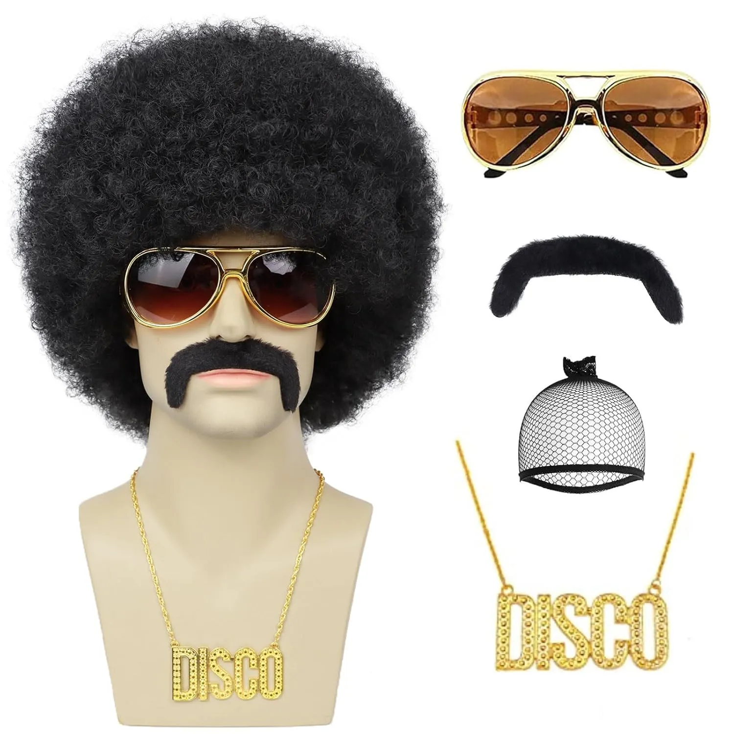 Mens Afro Wigs for 70s Rocker Disco Party 5pcs Set (Wig  Glasses  Disco Necklace  Mustache  Wig Cap) Afro Puff Wigs for 70s 80s Halloween Costume Cosplay Party Use (Black)